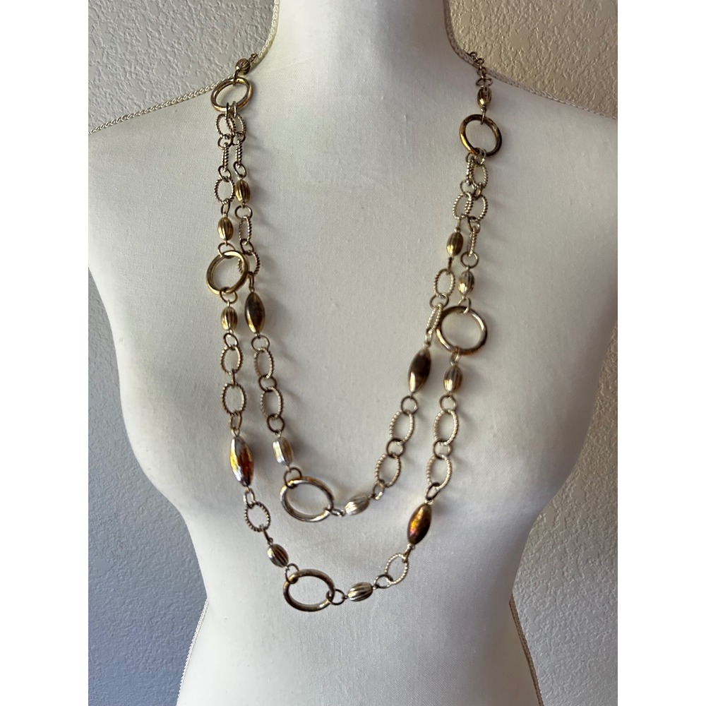 Gold Tone Layered Chain Necklace Boho Textured Circle Oval Links Adjustable 33in